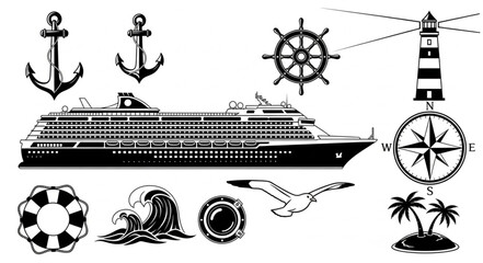 Cruise ship and nautical elements illustration, perfect for travel and adventure themes. © Ulhamchan