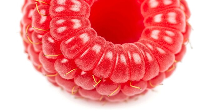 Extreme macro close up of fresh raspberry fruit showing detailed drupelet texture isolated on white background. Berry texture concept