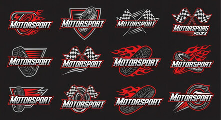 Motorsport logo collection with racing flags and vehicle elements in red color. © Ulhamchan