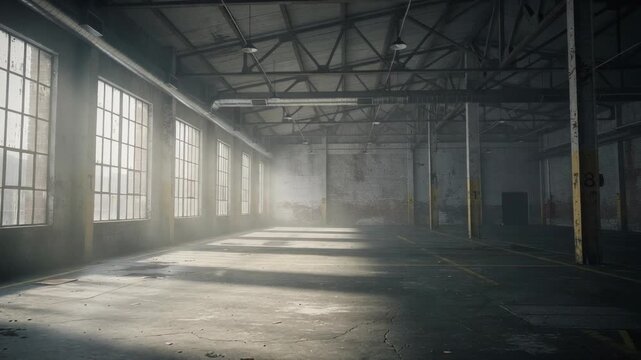 Spacious industrial warehouse interior with large windows and natural light beams on concrete floor