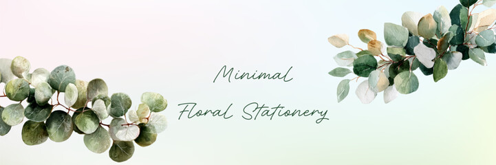 Minimal floral stationery design featuring watercolor eucalyptus leaves creating an elegant botanical border composition on a light pastel background for branding © Narin