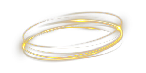 Naklejka premium Golden glowing circular light trail forming dynamic energy ring, abstract luminous motion swirl isolated on black background. 