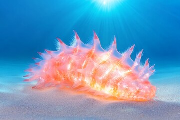 Vibrant underwater life featuring a sea cucumber close up with sunlight rays