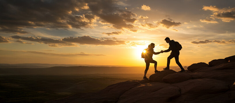 Pareja a contraluz en un atardecer al aire libre, sobre la cima de una monta&ntilde;a. El la ayuda a subir