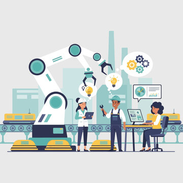 Industrial automation: engineers and robot arm on factory production line
