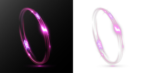 Pink glowing vertical speed ring with dynamic light trail and sparkling particles, abstract luminous energy loop isolated on black background.  © NAUM
