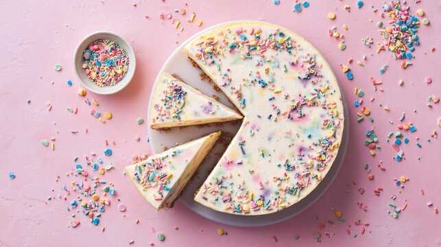 Overhead flat lay of sliced funfetti cheesecake on pastel pink background, rainbow sprinkles scattered playfully around, clean modern food styling, generous copy space