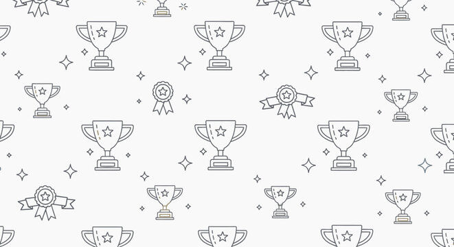 Seamless Pattern of Outline Trophy Cups, Stars, and Ribbons on Isolated White Background