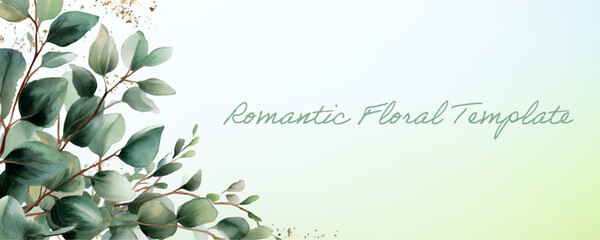 Watercolor eucalyptus greenery banner template with romantic decorative leaves and golden flecks for elegant wedding invitations or greeting cards design © Narin
