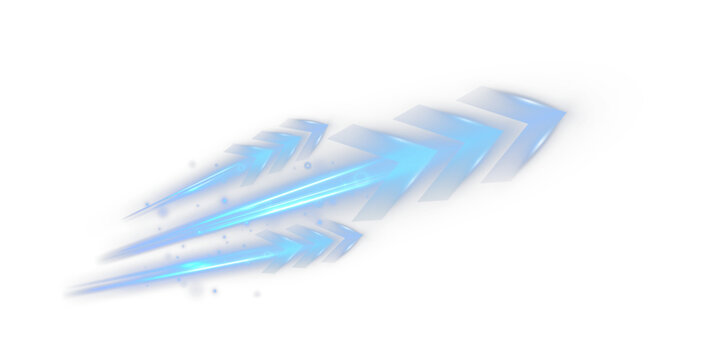 Blue glowing arrow speed effect with dynamic motion light trails, futuristic fast direction symbol isolated on black background.

