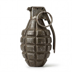A single, detailed photograph of a vintage hand grenade isolated on a white background.
