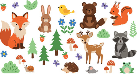 Cute forest animals collection with woodland wildlife characters trees mushrooms and nature elements © EdGe Creative