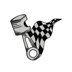 Monochrome vector illustration of a mechanical piston combined with a flowing racing flag, symbolizing speed, power, and automotive performance.