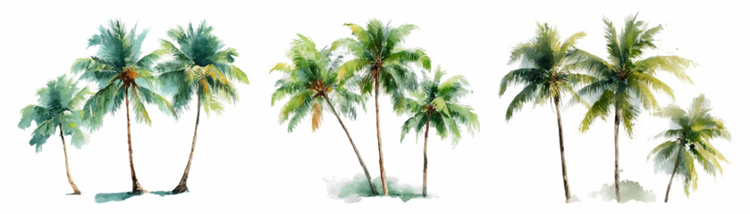 Hand painted watercolor palm trees illustration collection, creating a vibrant tropical island summer design element for travel, vacation, and natural themes © Narin