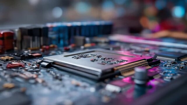 Close-up of a high-tech computer motherboard with processor socket and intricate electronic components, symbolizing modern digital technology.