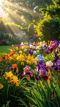 Sunbeams illuminate a vibrant flowerbed with assorted irises and daylilies in a lush, green garden setting
