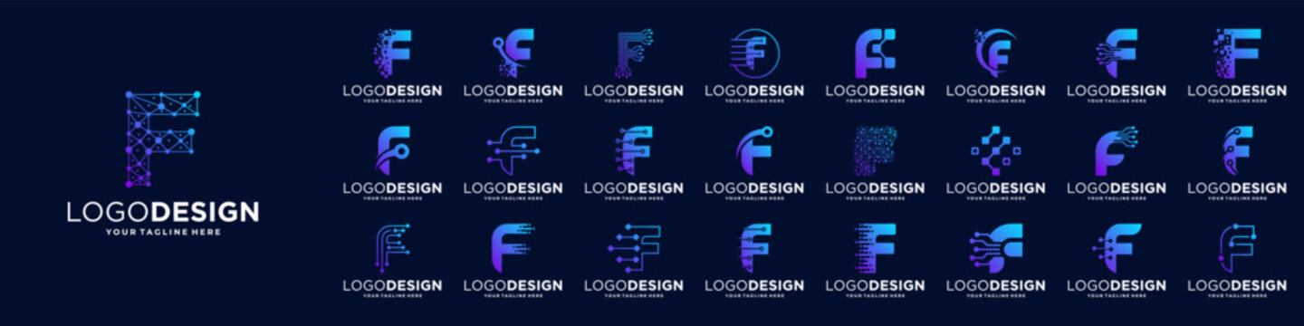 Set of letter F logo design. Symbol of  connect, tech, molecule logo template.