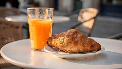Fresh orange juice and croissant on cafe table in morning sunlight breakfast concept