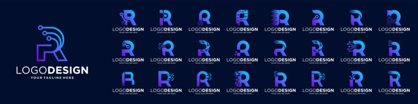 Set of letter R logo design. Symbol of  connect, tech, molecule logo template.