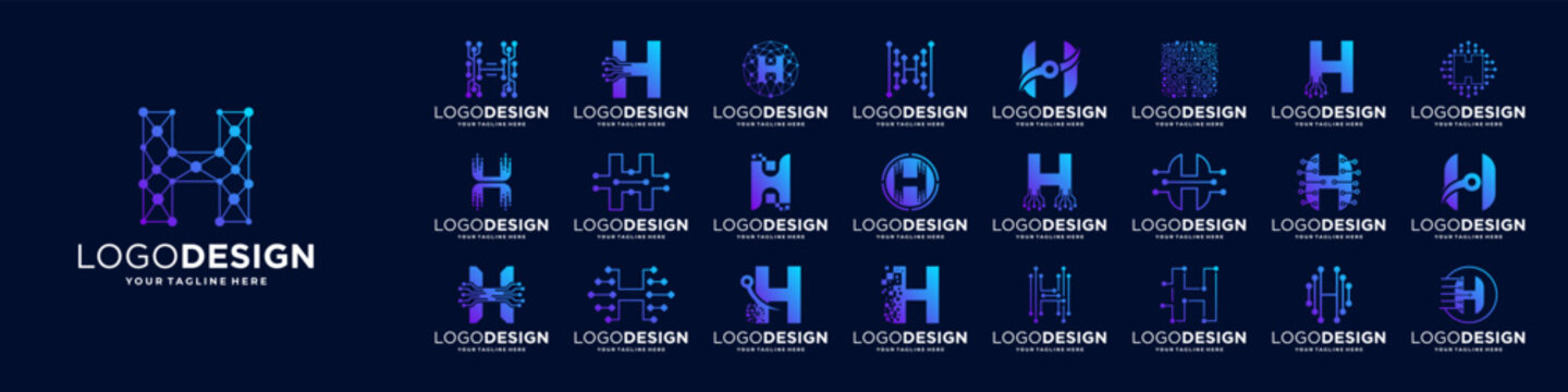 Set of letter H logo design. Symbol of  connect, tech, molecule logo template.