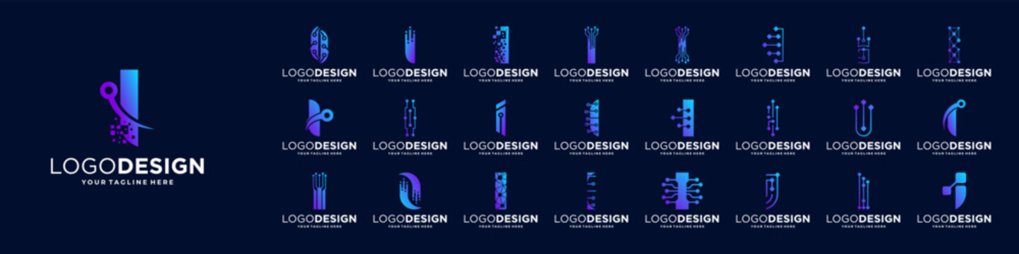 Set of letter I logo design. Symbol of  connect, tech, molecule logo template.