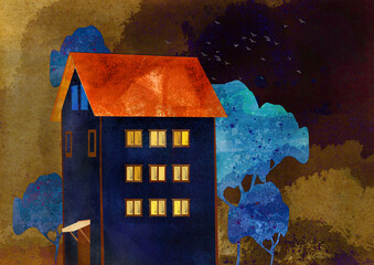 Ilustracja grafika kolorowy dom rozświetlone okna bajkowy nocny krajobraz. Hand made drawing. © Monika