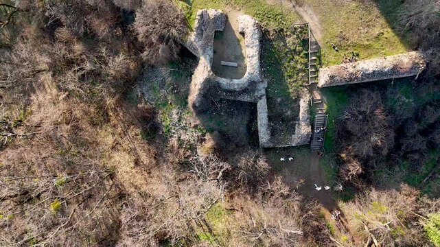 Vrdnik, Serbia - March 01, 2026: Vrdnik Tower (serbian: Vrdnicka kula) is a ruined medievil tower on Fruska Gora. Drone footage of Vrdnik Tower 4K