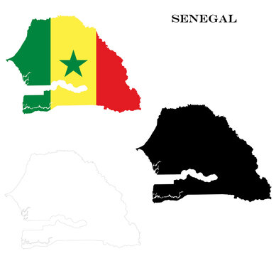 Senegal Country Maps Bundle with National Flag, Black Silhouette and Detailed Outline Contours