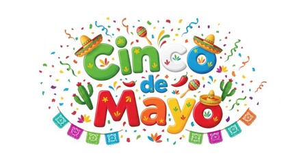 Naklejka premium Cinco de mayo celebration logo with colorful confetti and mexican symbols