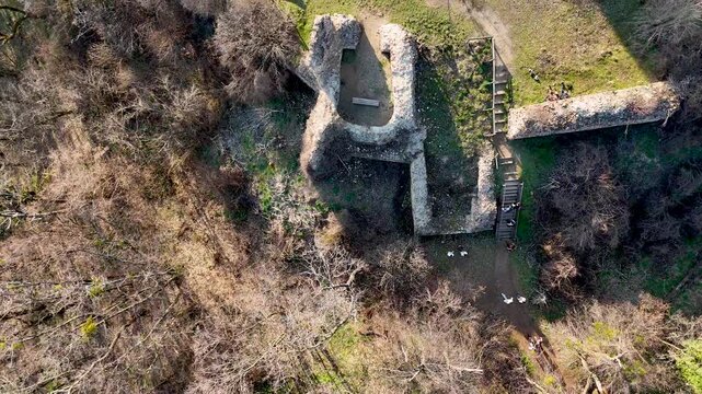 Vrdnik, Serbia - March 01, 2026: Vrdnik Tower (serbian: Vrdnicka kula) is a ruined medievil tower on Fruska Gora. Drone footage of Vrdnik Tower 4K
