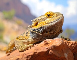 A close-up portrait of a yellow and brown reptile with spiky scales and a prominent throat, basking on a red rock in natural sunlight