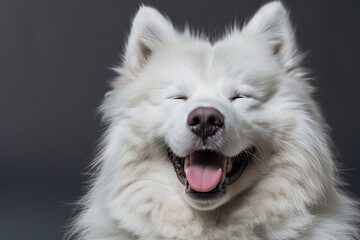 Fototapeta premium Smiling fluffy white samoyed dog portrait on gray background