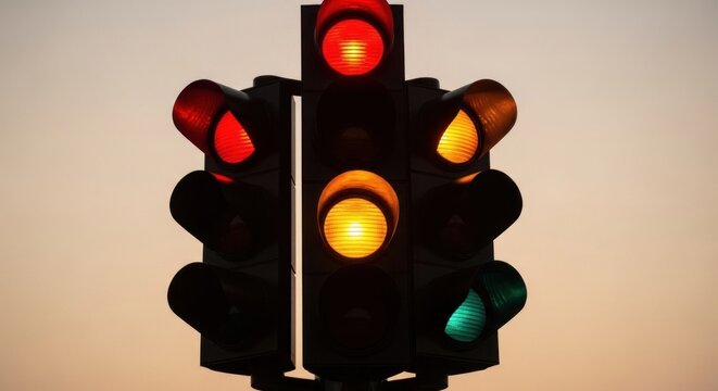 A close-up of a traffic signal with lit red, yellow, and green lights against a dusk sky