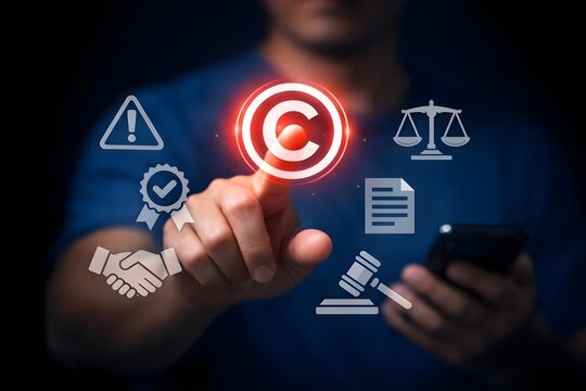 Copyright or patent concept. Businessman touching copyright icon for author rights and patented intellectual property. copyleft trademark license.