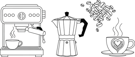 Fototapeta premium Coffee machines and coffee cups with steaming hot beverages beautifully illustrated