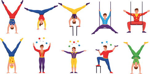 Circus Acrobats and Jugglers Performing Handstands, Trapeze, Balance Acts and Unicycle Stunts Colorful Vector Illustration Collection © MstRoysha
