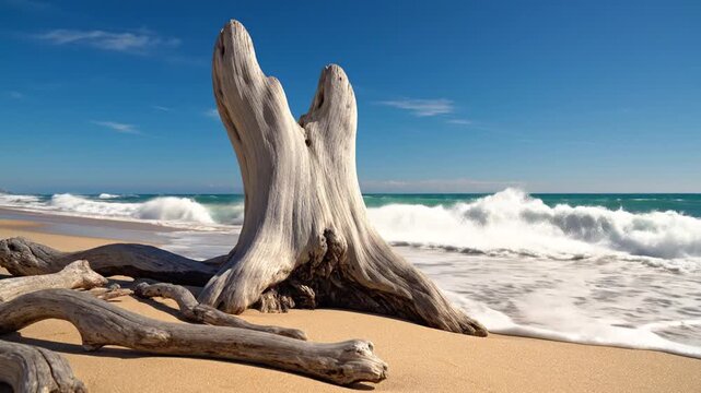 Driftwood on Sandy Beach with Ocean Waves.