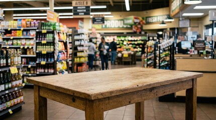 Wooden grocery shop table in blurred aisle. Rustic table grocery store with copy space. Empty wooden table in grocery store aisle. Lifestyle Shopping Concept Bg. Copyspace