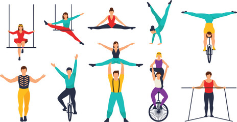 Circus Performers and Acrobats Collection with Unicycle, Handstand, Gymnastics, Aerial Swing and Balance Acts Vector Illustration Set © MstRoysha