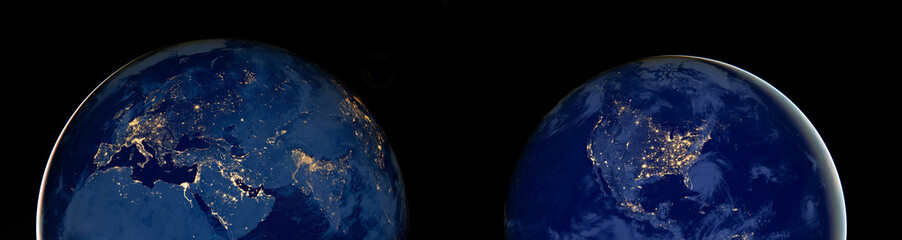 Night view of Earth from space showing city lights of Americas, Europe and Africa. Elements of this image furnished by NASA. © gizemg