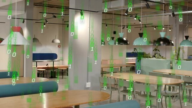 Green binary rain starting at top streaming down, overlaying communal workspace, forming AR overlay
