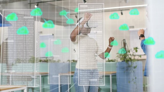 Woman with VR headset raising hand and stacking data panels, cloud icons during team tech test