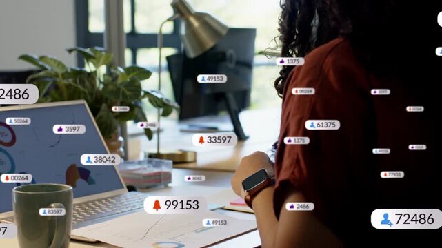 Woman reviewing charts reaching phone, sparking numeric bubbles around her and laptop for finance