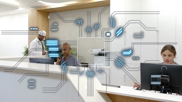 Clinic staff talking on phone, using PC, clinician entering causing circuit map over copier linking