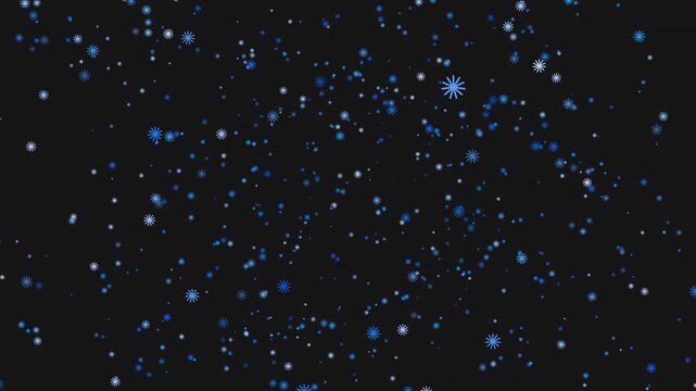 Blue snowflakes falling on black background, winter holiday abstract footage
