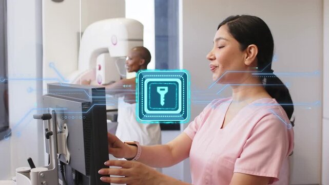 Patient positioning at comp plate starting tech adjusting console while blue HUD guiding mammogram