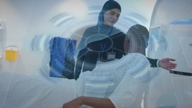 Radiology tech reaching controls, adjusting patient head for scan in CT, animated overlay circling