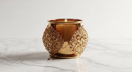 Fototapeta premium Golden candle holder with ornate, openwork design, holding a lit candle, on marble