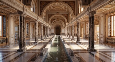 Fototapeta premium Grand, ornate interior with marble columns, water feature, and arched ceiling