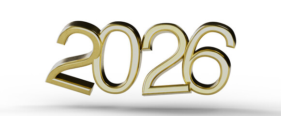 Stunning golden 3D 2026 new year numbers isolated on a white background, perfect for new year greetings and celebration. © vegefox.com